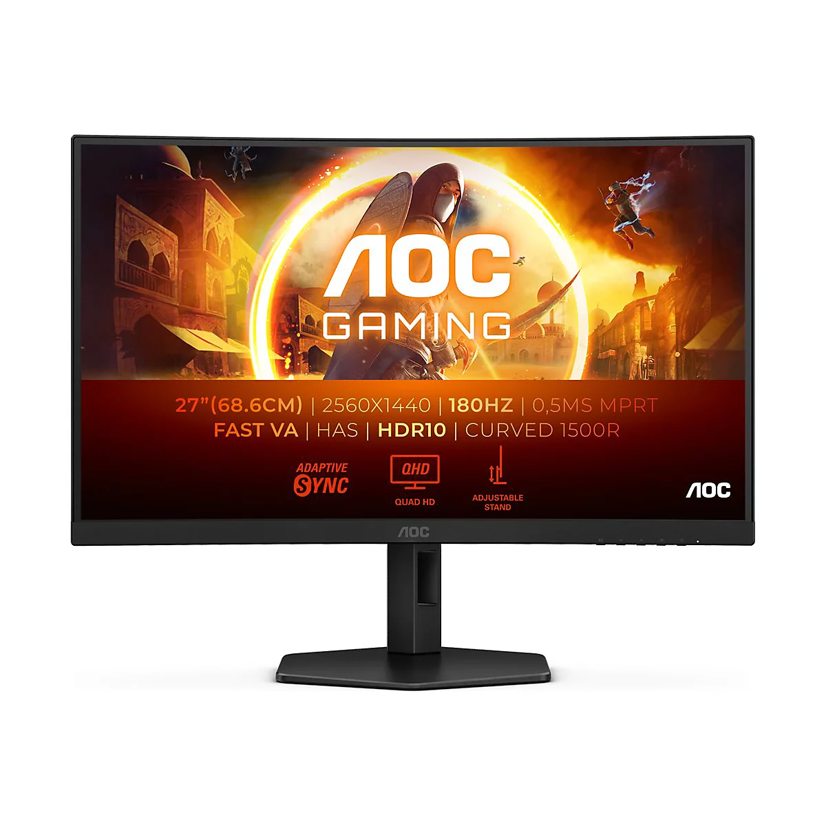 Moniteur de jeu incurvé noir d'AOC. L'écran affiche un jeu fantastique. En dessous, les spécifications techniques et les logos.