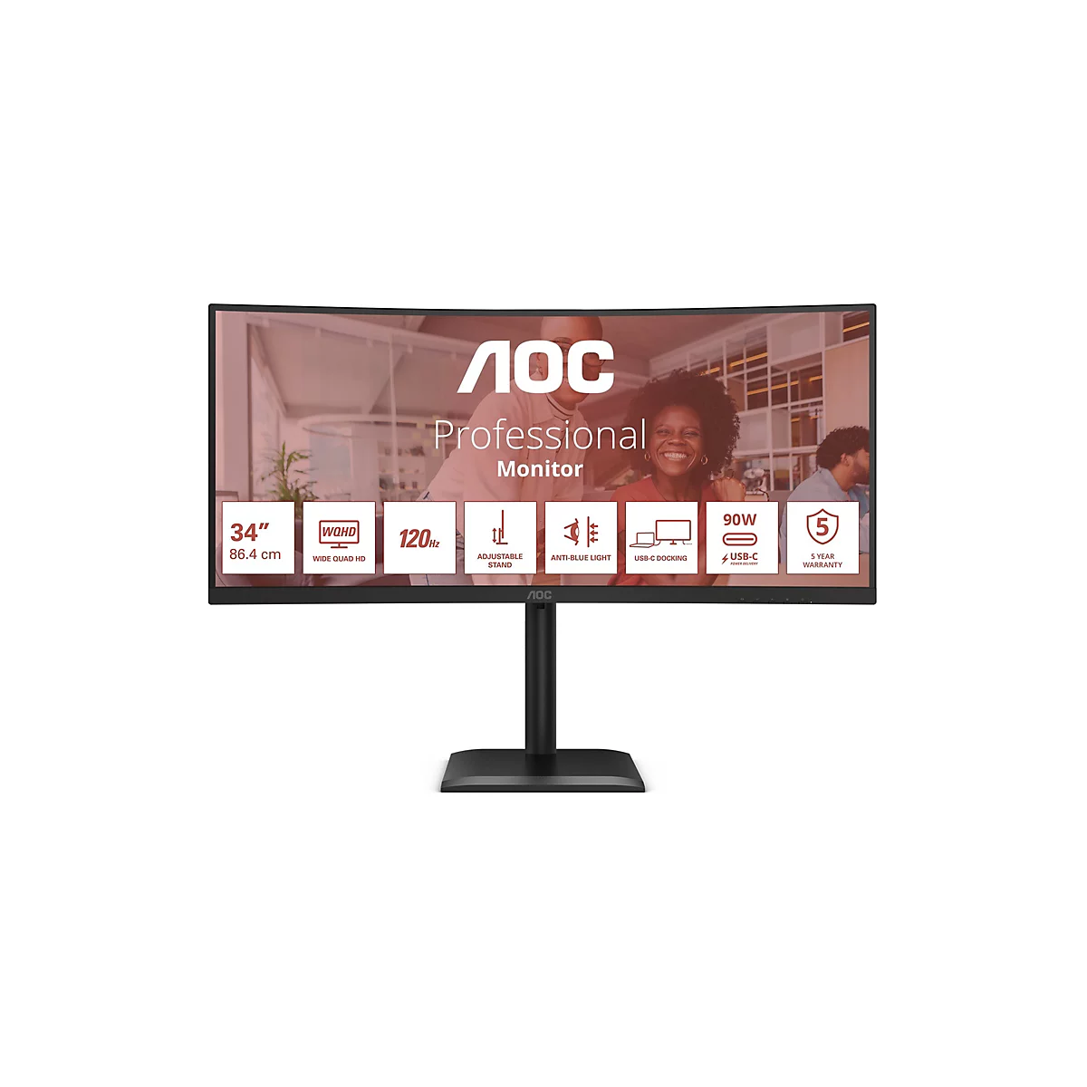 Ein schwarzer, geschwungener AOC Professional Monitor. Auf dem Bildschirm sind technische Spezifikationen und eine lächelnde Frau zu sehen.