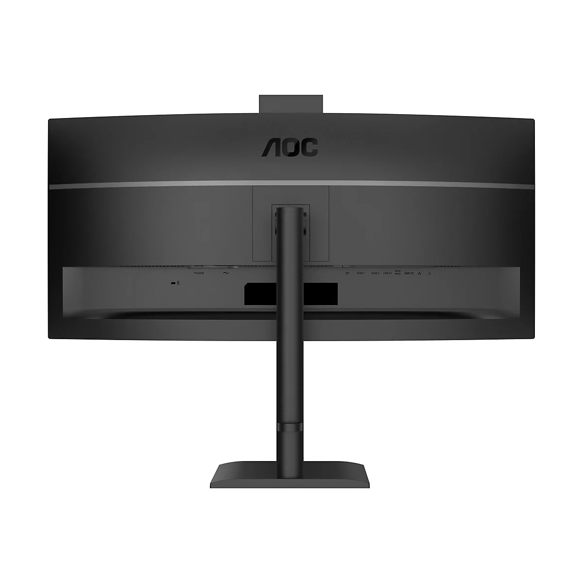Rückansicht eines schwarzen AOC-Monitors mit Anschlüssen, Standfuß und Logo.