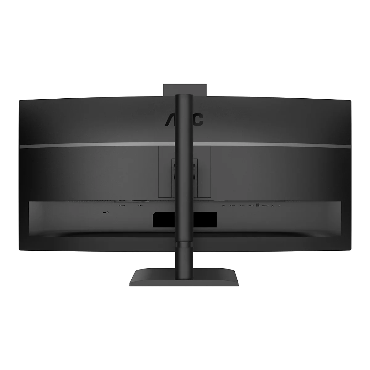 Rückansicht eines schwarzen AOC-Monitors mit Anschlüssen, Standfuß und Logo. Oben steht das AOC-Logo, darunter Anschlüsse.