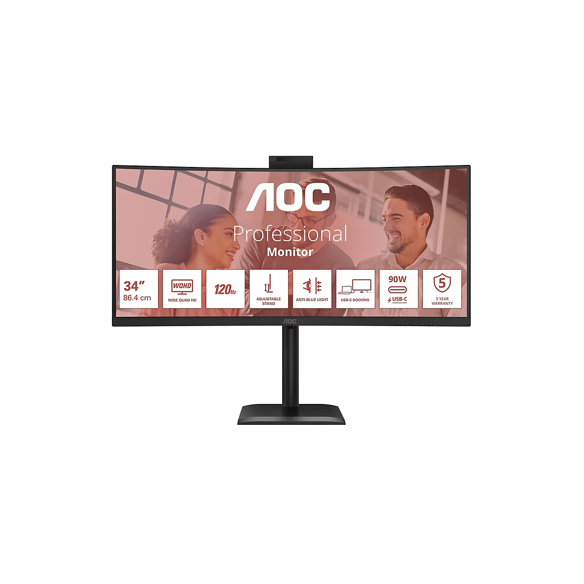 Ein schwarzer, gebogener AOC Professional Monitor mit einem Standfuß. Auf dem Bildschirm sind Informationen zu den Funktionen zu sehen.