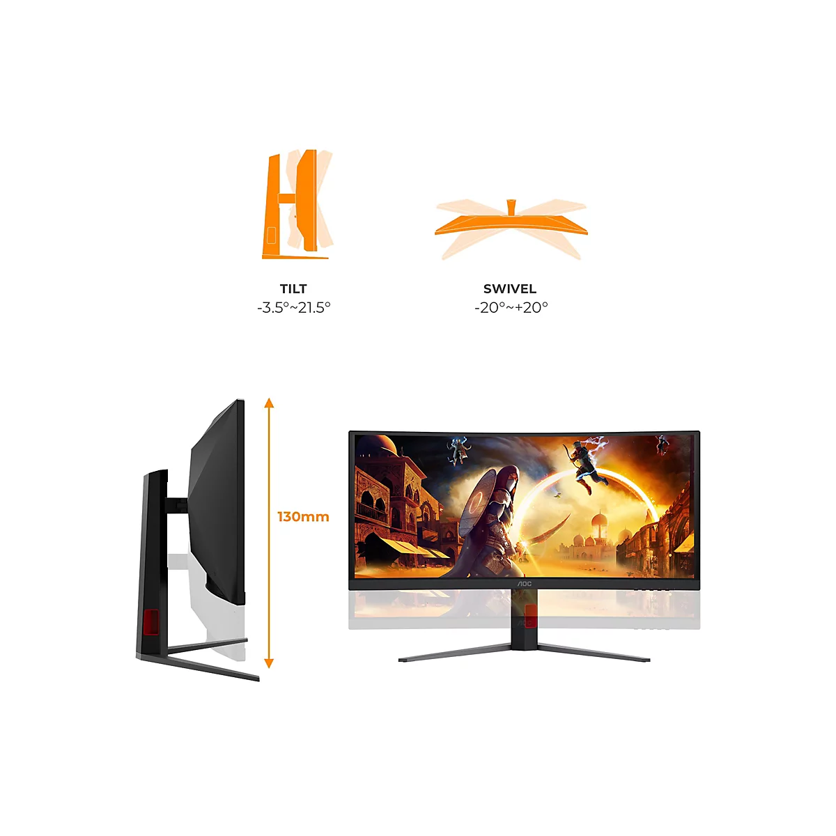 Grafik zeigt Neigungs-, Schwenk- und Höhenverstellbarkeit von 130mm für einen AOC Gaming-Monitor.
