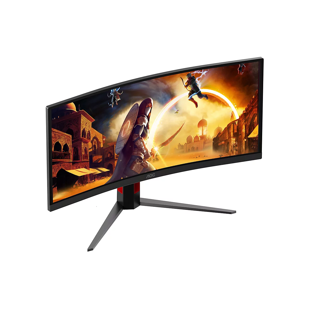 Ein schwarzer, ultrabreiter Gaming-Monitor von AOC mit einem Fantasy-Spielbild auf dem Display.