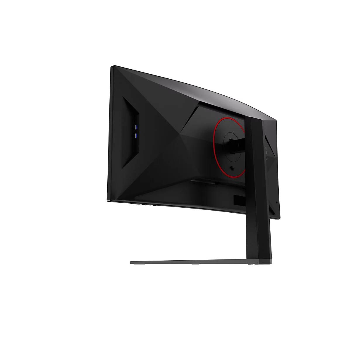 Rückansicht eines schwarzen Gaming-Monitors mit kantigem Design und rotem Ring am Standfuß vor weißem Hintergrund.