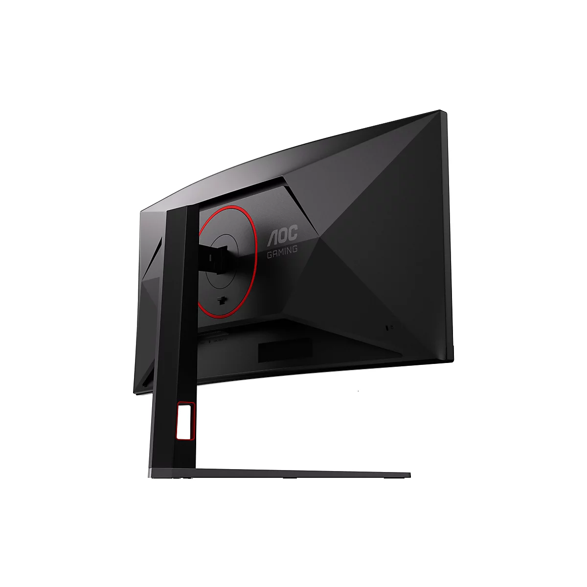 Rückansicht eines schwarzen AOC Gaming-Monitors mit rotem Ringdetail und Standfuß vor weißem Hintergrund.