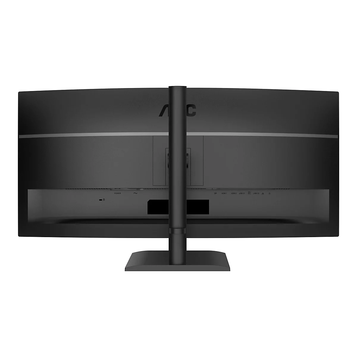 Vue arrière d'un moniteur noir avec support. Les ports sont étiquetés, logo AOC en haut.