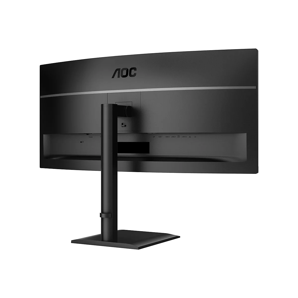 Moniteur noir vu de dos avec logo AOC. Ports pour l'alimentation, HDMI, USB et DisplayPort visibles.