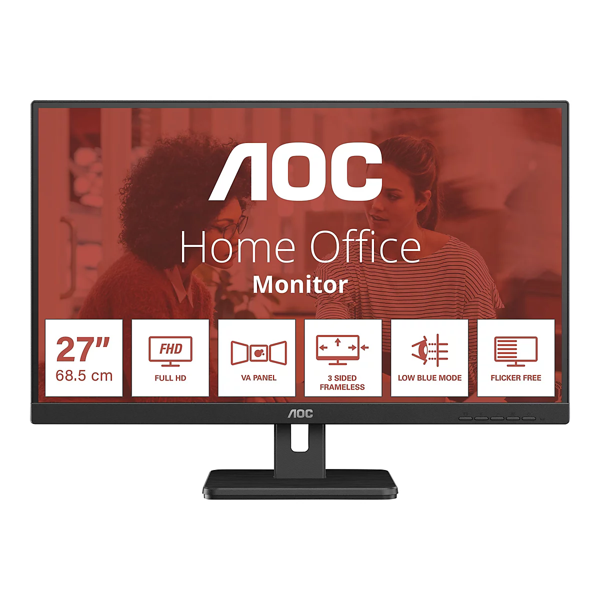 Moniteur AOC Home Office. Écran de 27 pouces, FHD, dalle VA, 3 côtés sans bord, mode faible lumière bleue, sans scintillement.