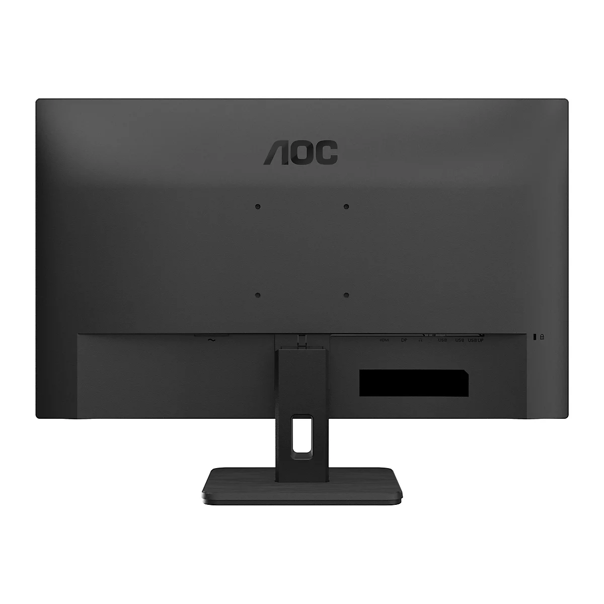 Rückseite eines schwarzen AOC-Monitors. Oben das Logo AOC. Anschlüsse für HDMI, DP, USB.