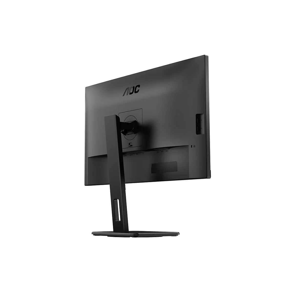 Rückansicht eines schwarzen AOC-Computermonitors auf einem Standfuß vor weißem Hintergrund.