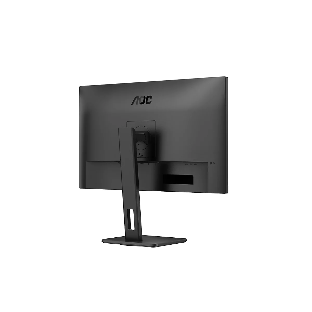 Rückansicht eines schwarzen AOC Computermonitors mit Standfuß auf weißem Hintergrund.