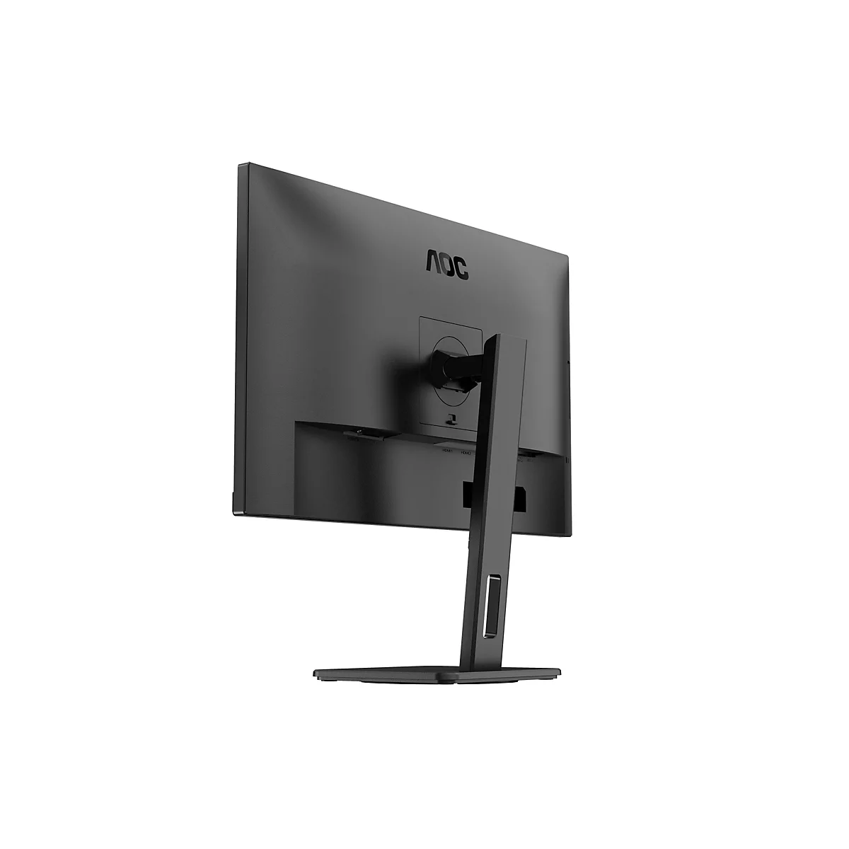 Schwarzer AOC-Monitor von hinten, auf weißem Hintergrund. Das AOC-Logo ist oben rechts sichtbar. Der Monitor hat einen rechteckigen Standfuß.