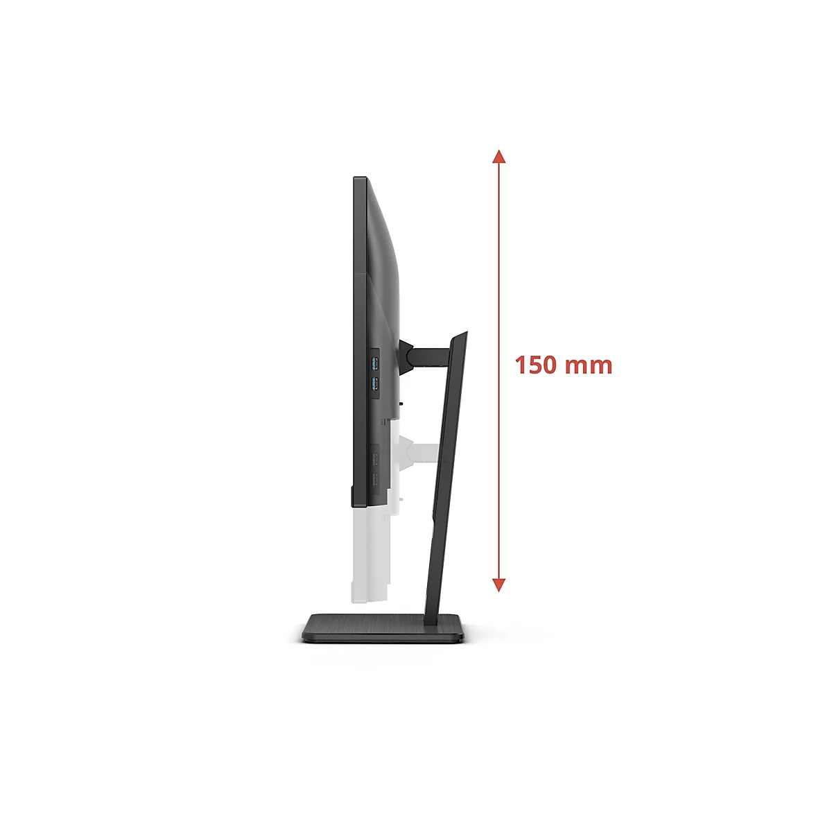 Seitenansicht eines schwarzen Monitors mit einer Messlinie von 150 mm. Der Monitor steht auf einem schwarzen Standfuß.