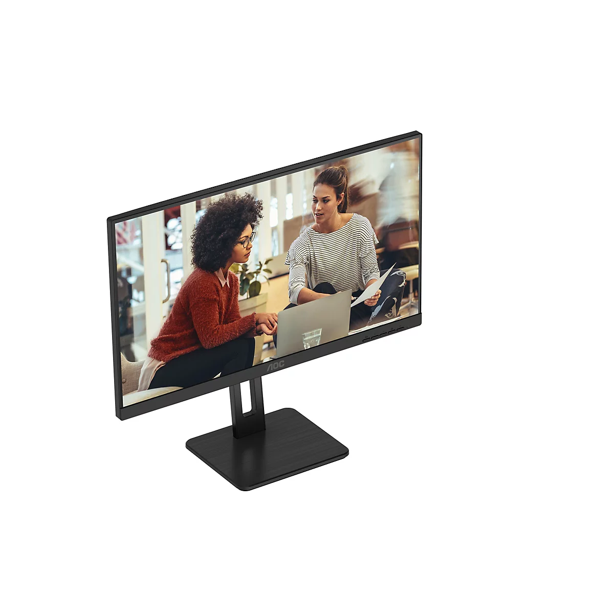 Ein schwarzer AOC-Monitor mit einem Display, das zwei Frauen in einem Büro zeigt; eine trägt einen roten Pullover, die andere ein gestreiftes Oberteil.