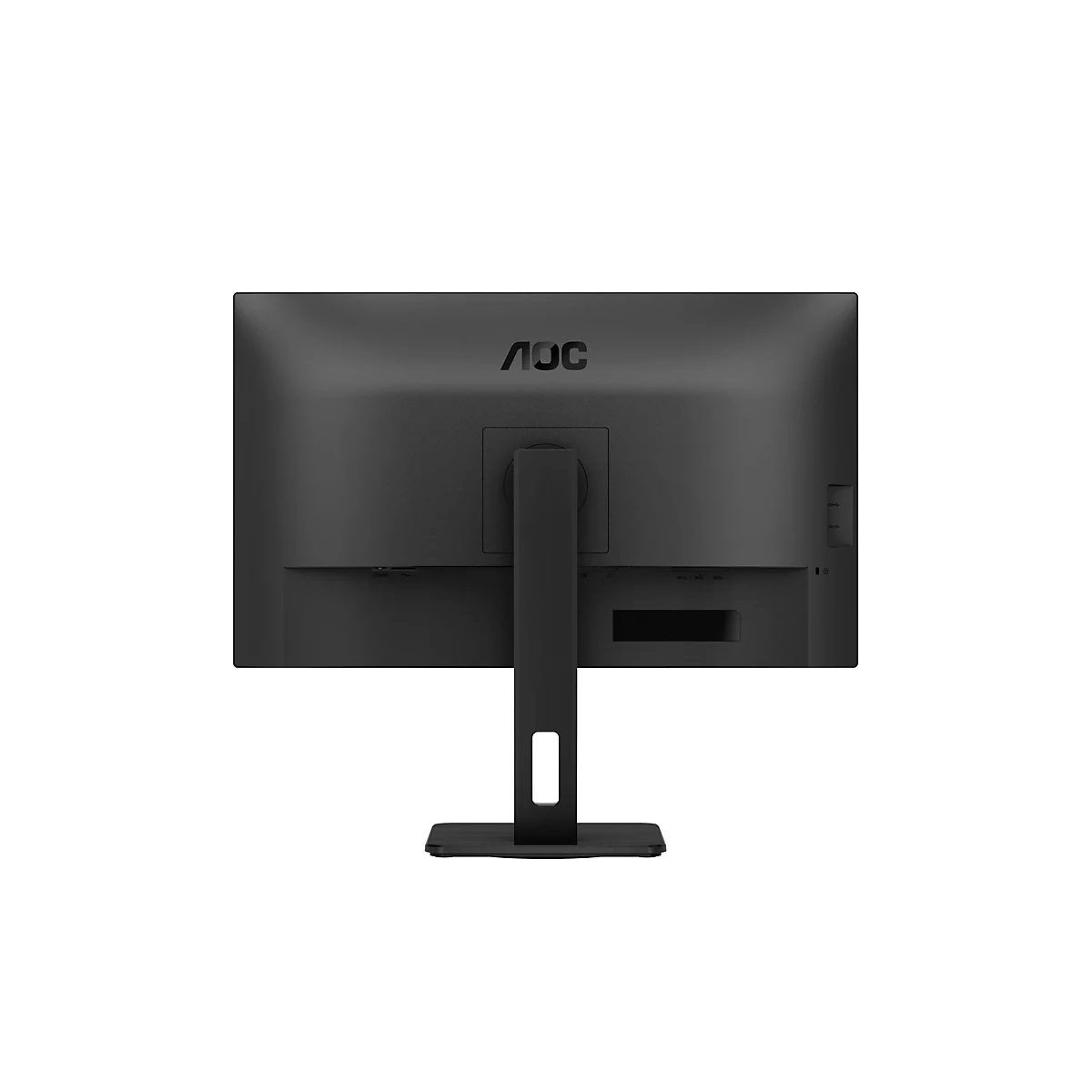 Rückseite eines schwarzen AOC Monitors mit Standfuß vor weißem Hintergrund.