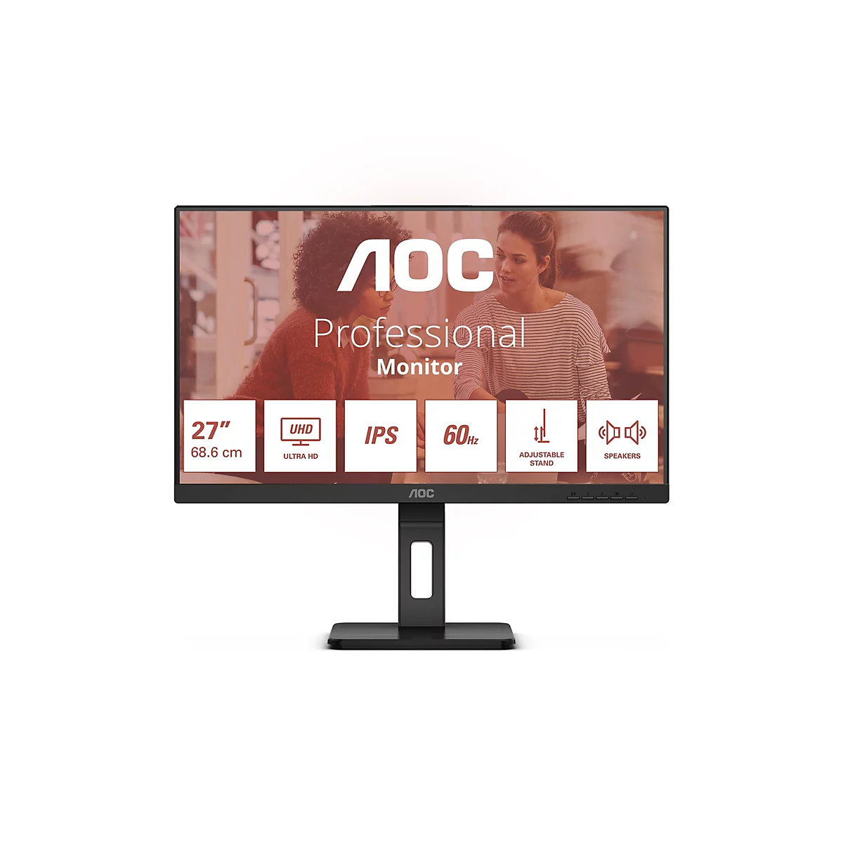 AOC 27-Zoll Professional Monitor mit UHD, IPS-Panel und integrierten Lautsprechern auf einem Standfuß.