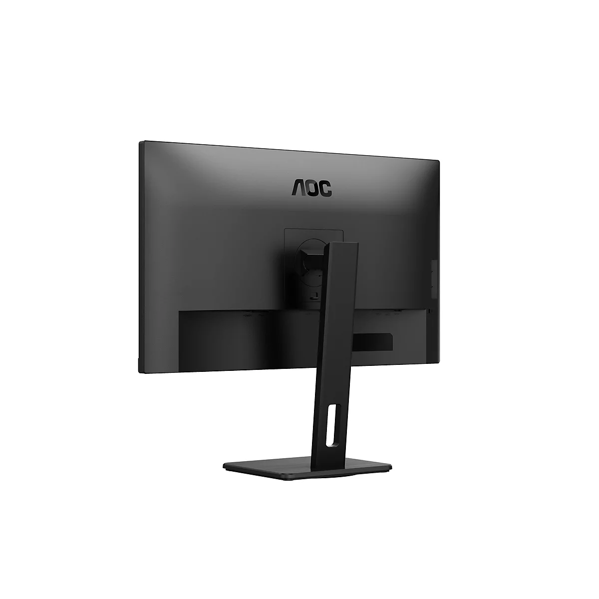 Schwarzer Monitor von hinten, AOC-Logo oben mittig. Der Standfuß besteht aus einem schwarzen, vertikalen Träger und einem quadratischen Sockel.