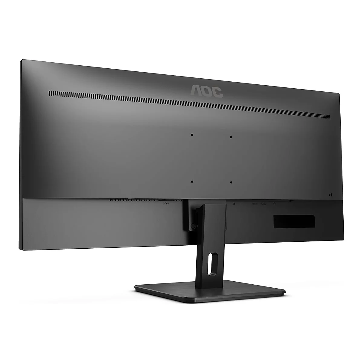 Rückansicht eines schwarzen AOC-Monitors mit Standfuß. Oben Logo, unten Anschlüsse.