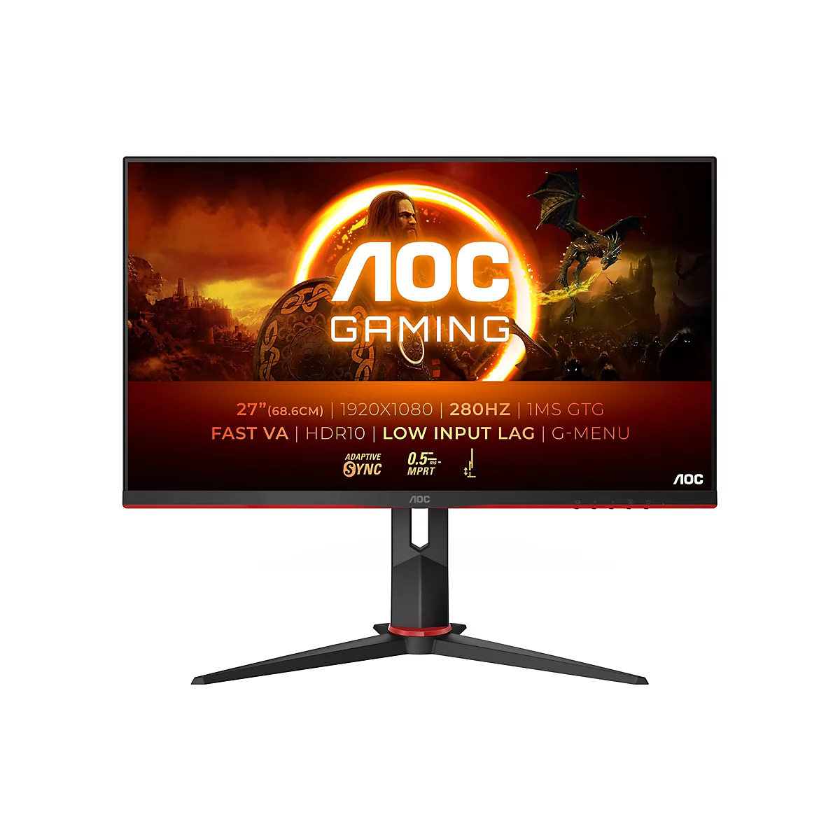 Ein schwarzer Gaming-Monitor der Marke AOC auf weißem Hintergrund. Der Monitor zeigt ein Fantasy-Kampfbild. Darunter stehen technische Spezifikationen.