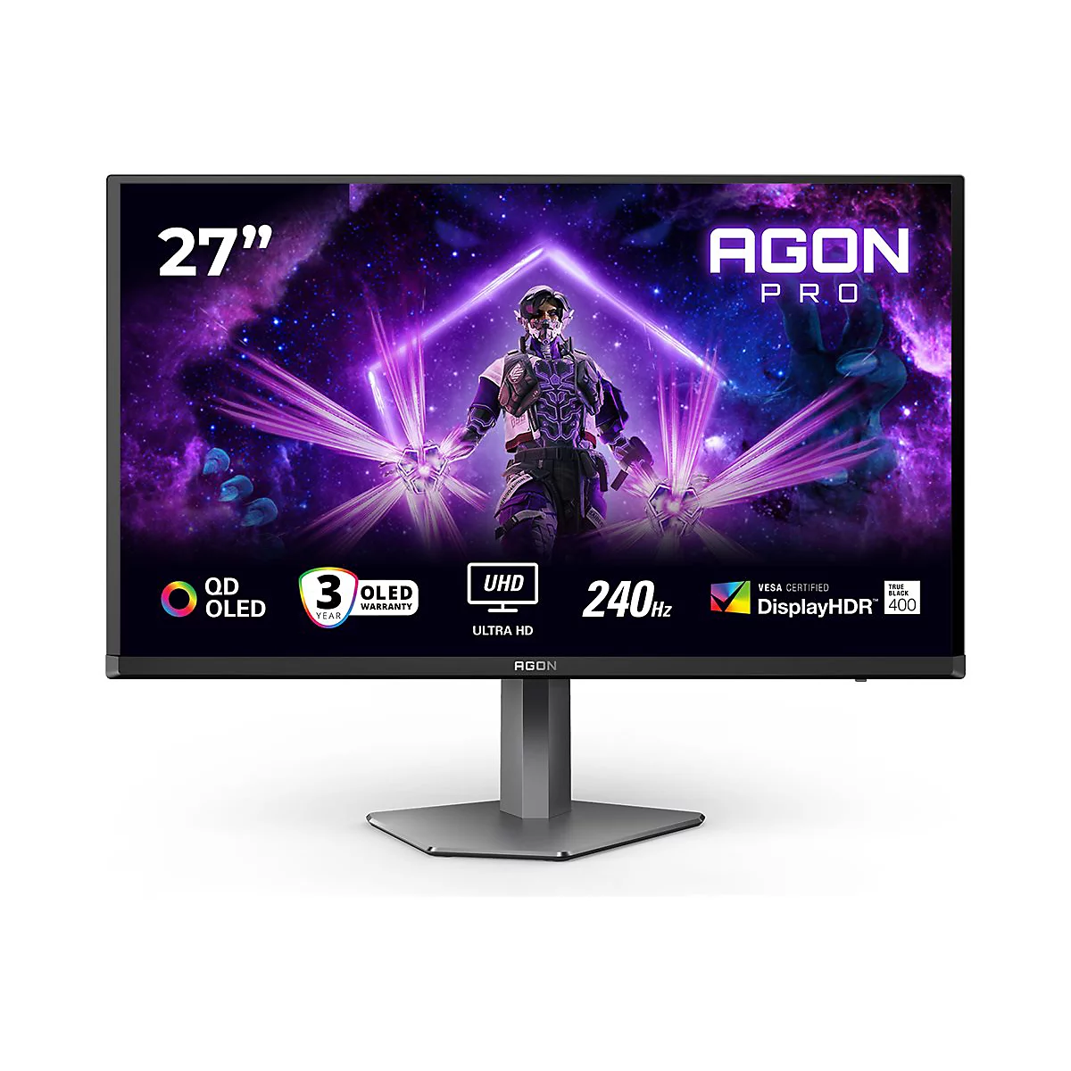 Un moniteur de jeu de 27 pouces avec une image d'un guerrier cyberpunk sur fond violet. Cadre noir, lettrage: Agon Pro, UHD, 240Hz.