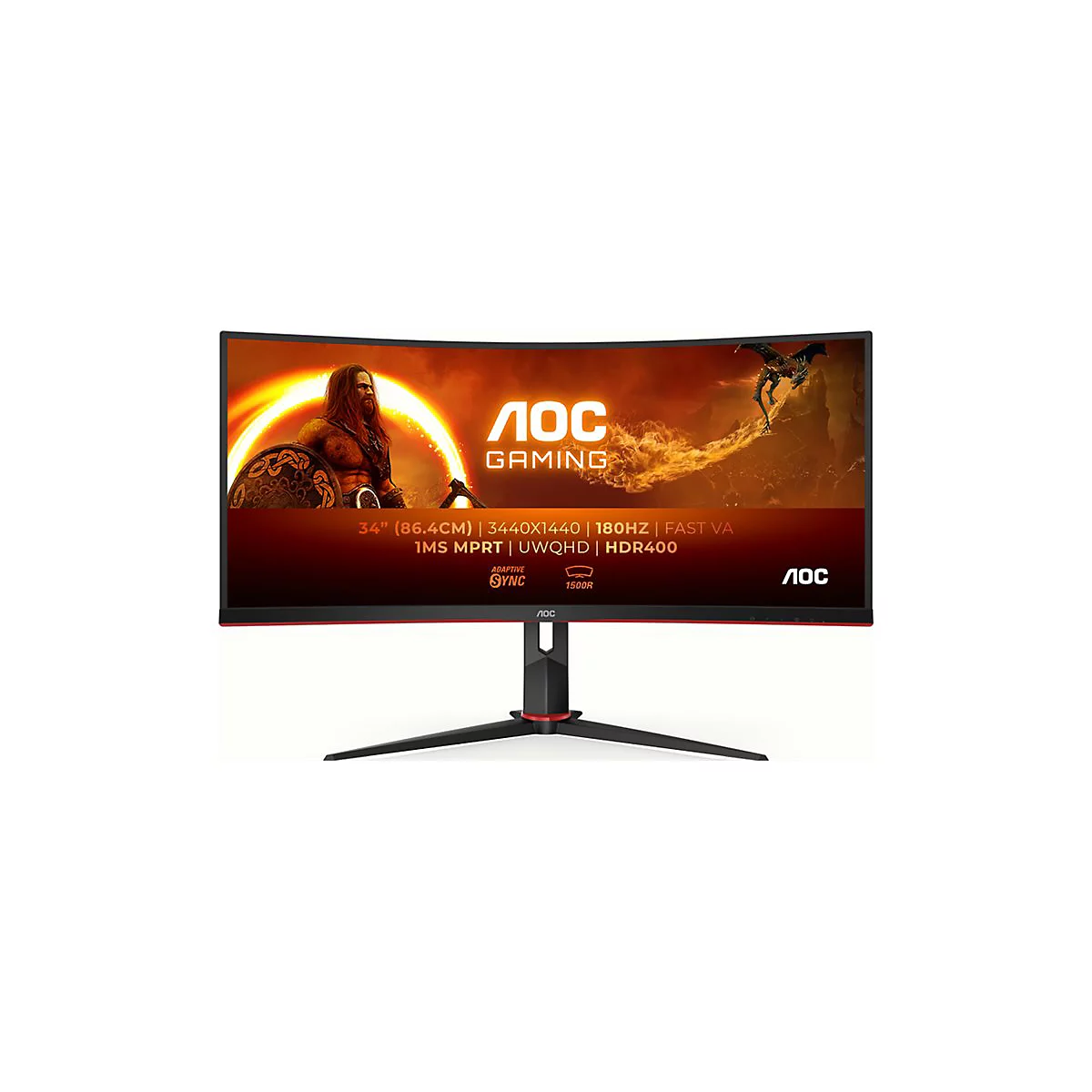 Écran de jeu incurvé avec des couleurs rouges et noires. Un guerrier est visible à l'écran. L'inscription 'AOC Gaming' est visible.