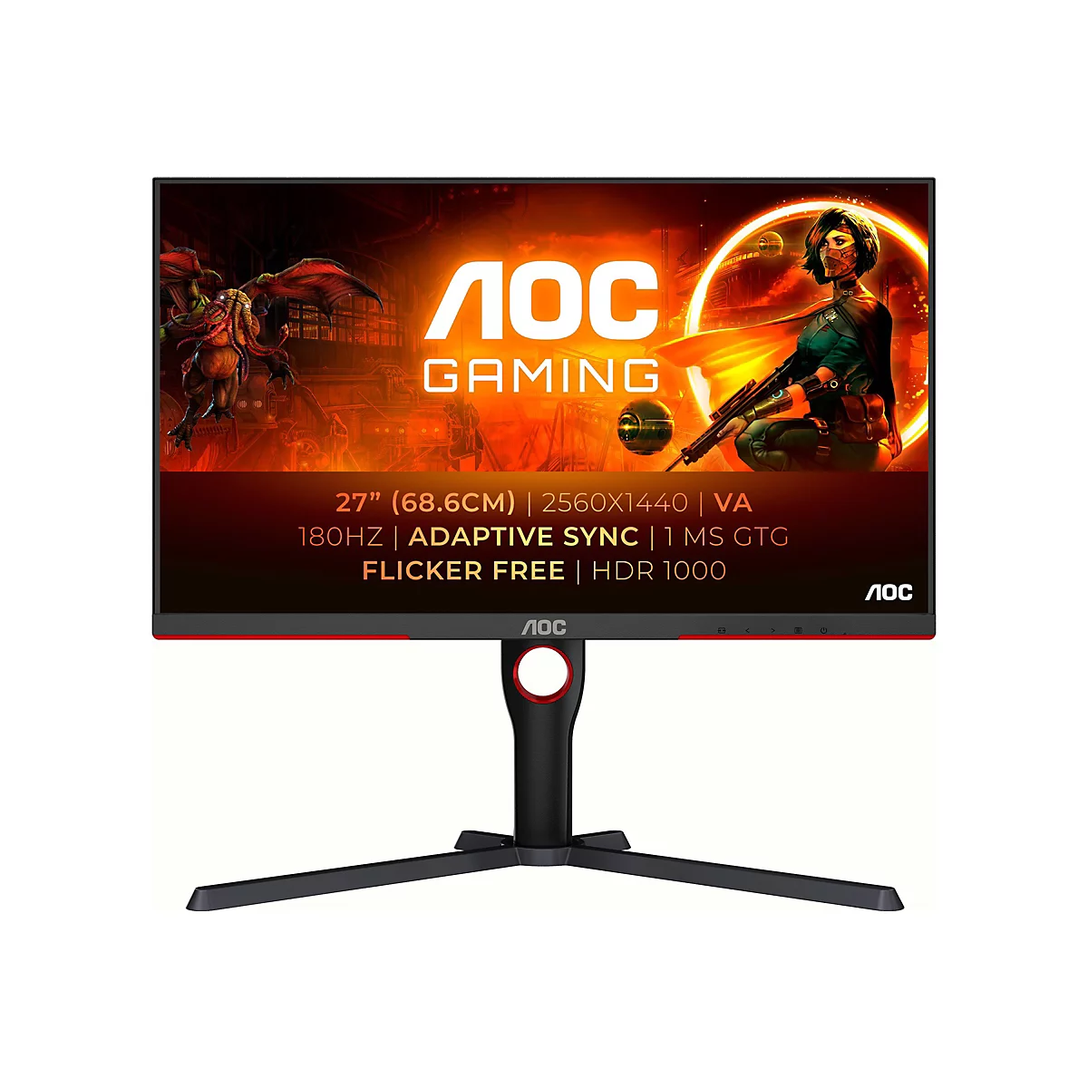 Moniteur de jeu AOC avec un design rouge et noir. Sur l'écran, une œuvre d'art de jeu et les caractéristiques du produit.