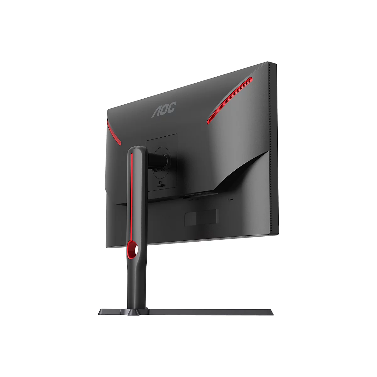 Moniteur AOC noir de dos, accent rouge. Le design comporte des éléments rouges sur le cadre et le pied. Le logo "AOC" est visible.