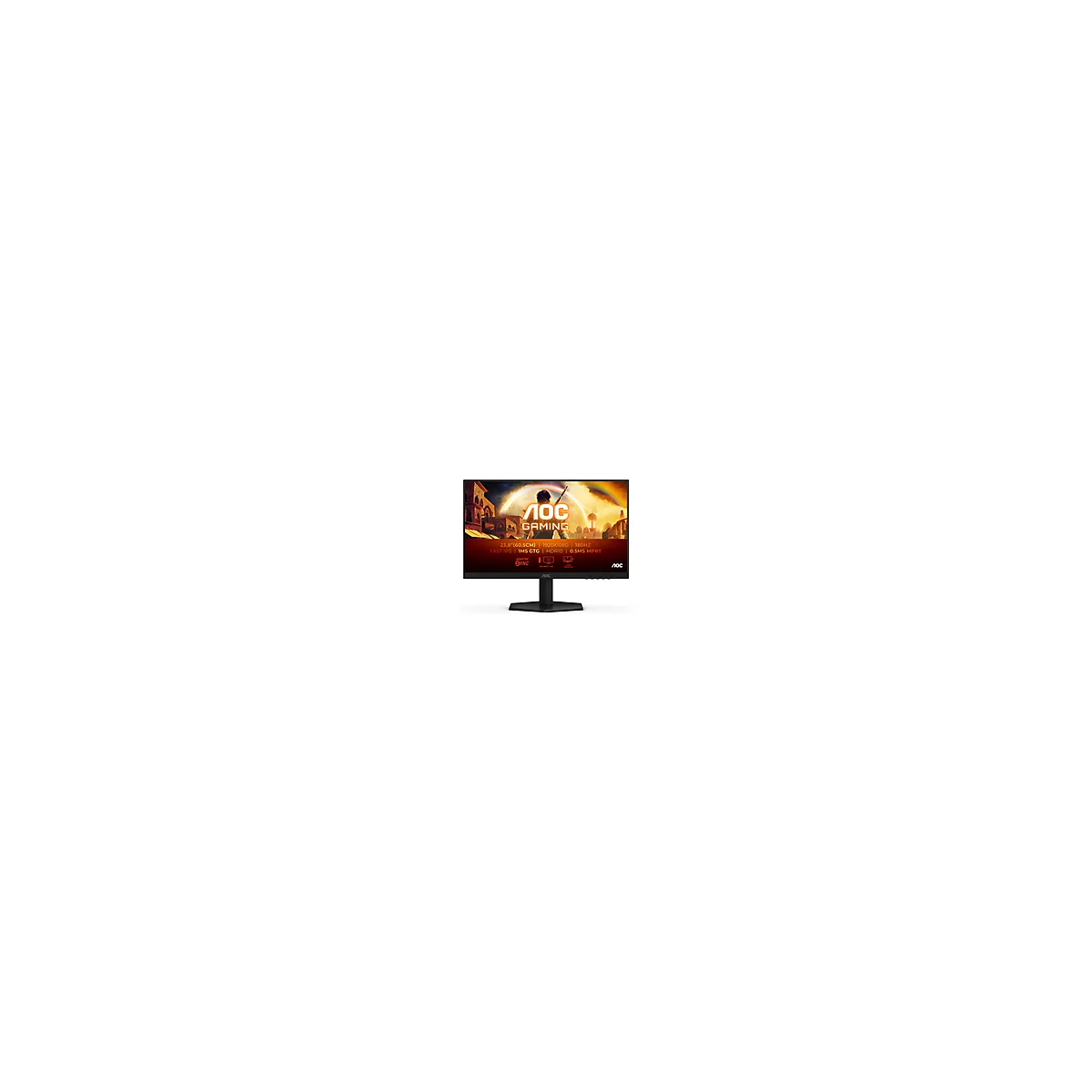 Schwarzer AOC Gaming Monitor mit orangefarbenem Logo. Technische Daten sind auf dem Bildschirm angezeigt: 23,8 Zoll, 1920x1080, 180Hz.