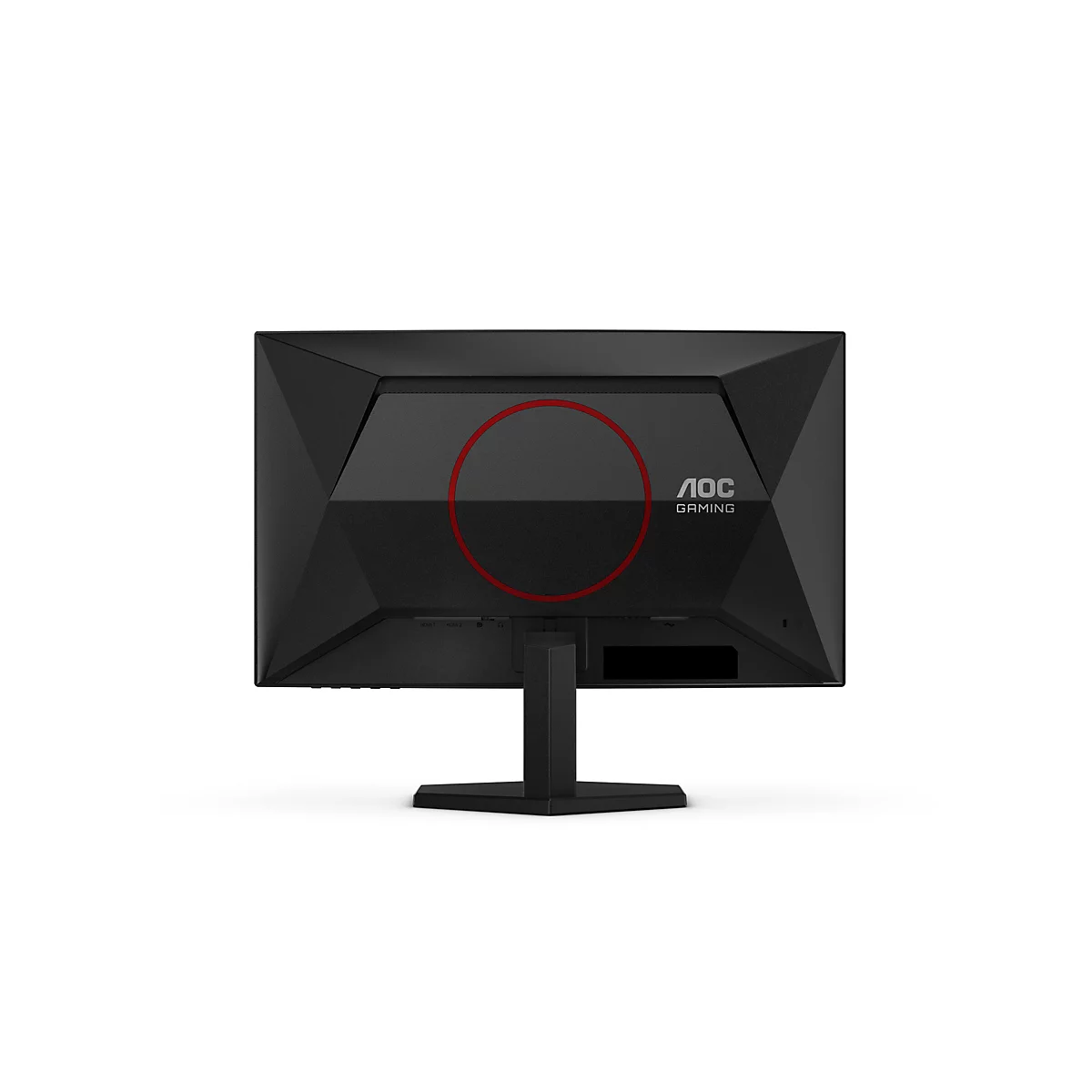 Vue arrière d'un moniteur de jeu AOC noir avec un cercle rouge, des ports et des lettres.