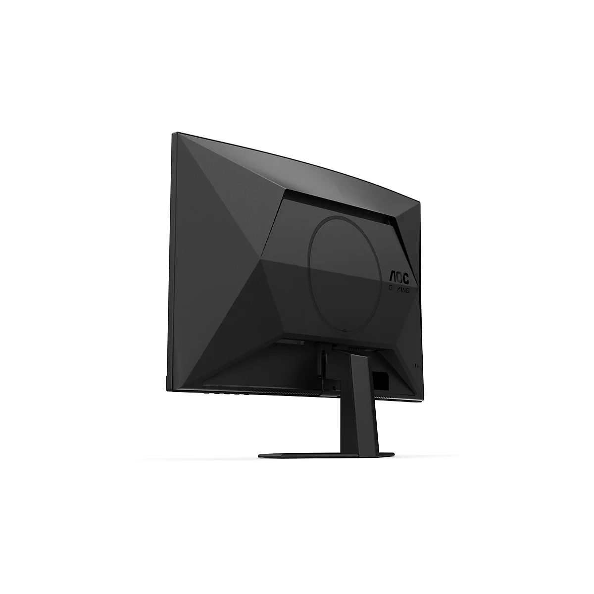 Moniteur de jeu noir, vue arrière. Formes géométriques, logo AOC Gaming.