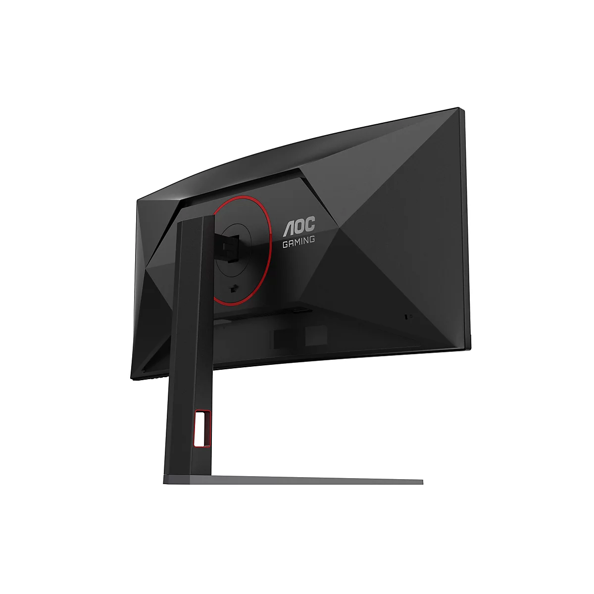 Rückseite eines schwarzen AOC Gaming-Monitors mit kantigem Design, rotem Ring und Standfuß vor weißem Hintergrund.