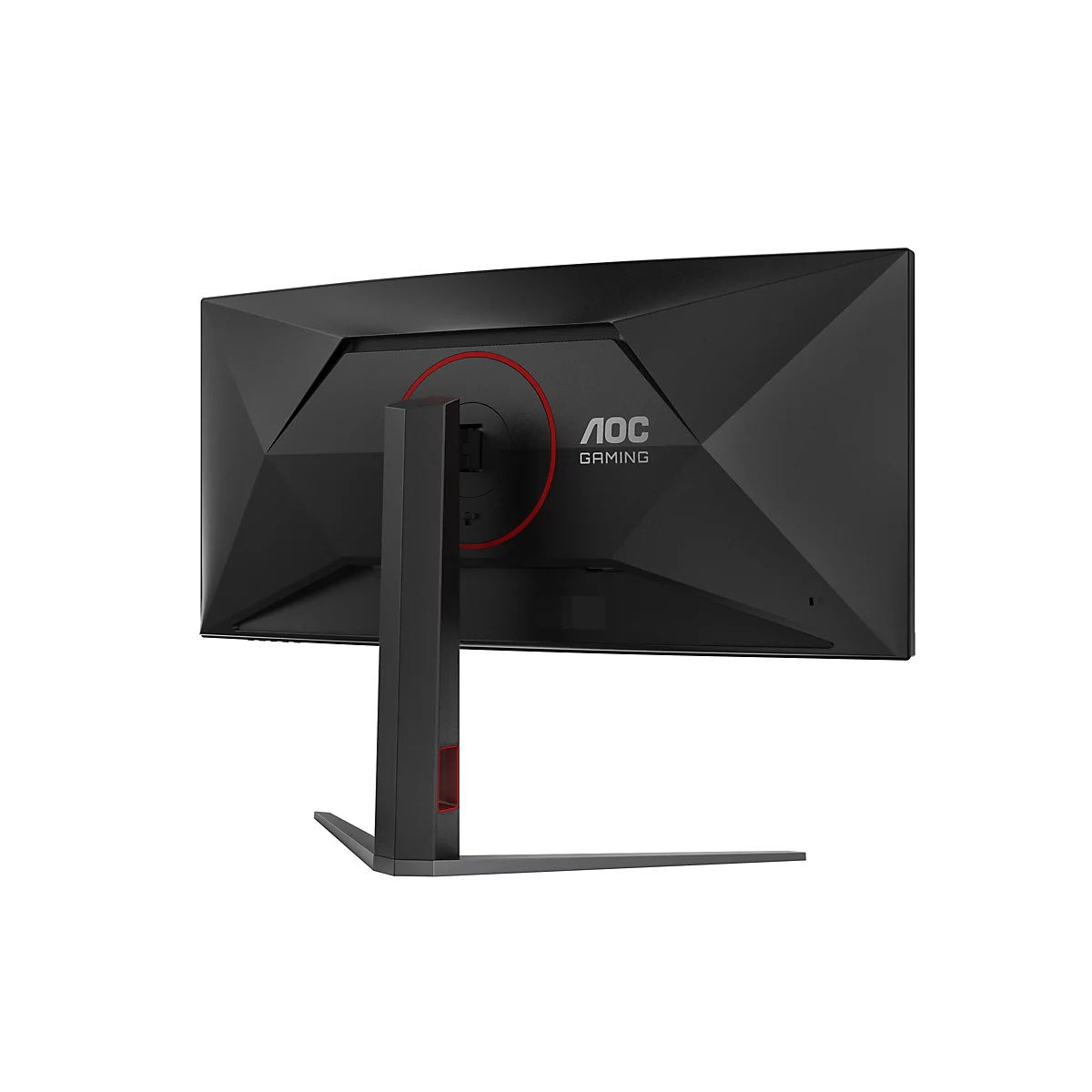 Rückansicht eines schwarzen AOC Gaming-Monitors mit kantigem Design, rotem Ring und schlankem Standfuß.