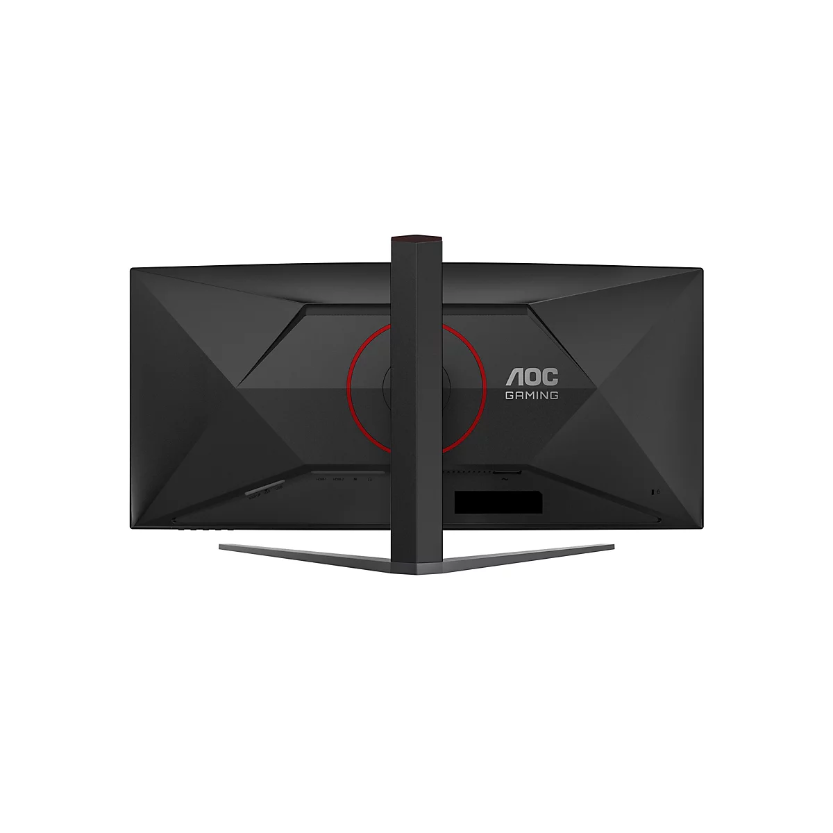 Rückansicht eines schwarzen AOC Gaming Monitors, auf weißem Hintergrund. Der Monitor hat eine rote Umrandung und die Aufschrift "AOC GAMING".