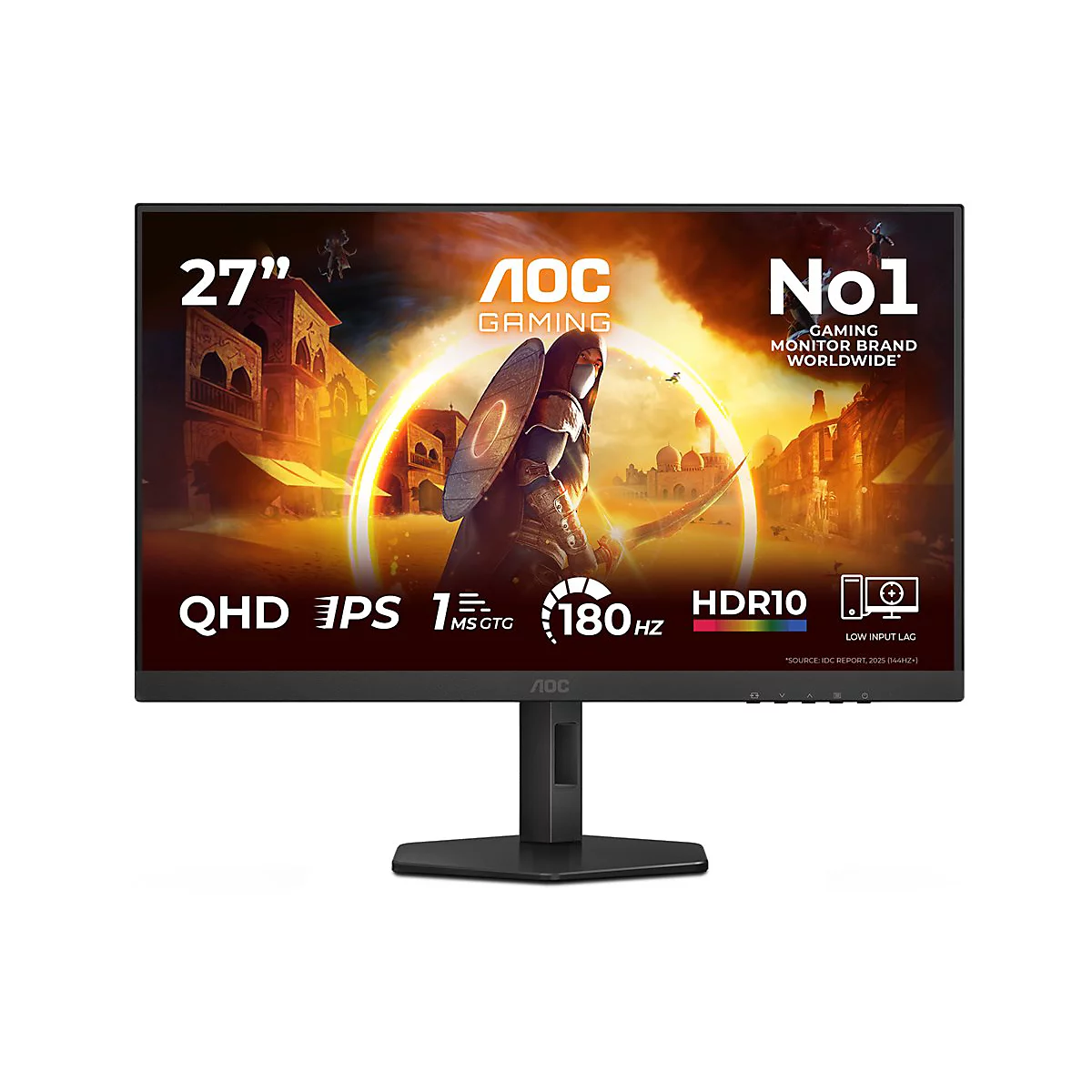Schwarzer 27-Zoll AOC Gaming Monitor mit Action-Spielgrafik auf dem Display und technischen Spezifikationen.