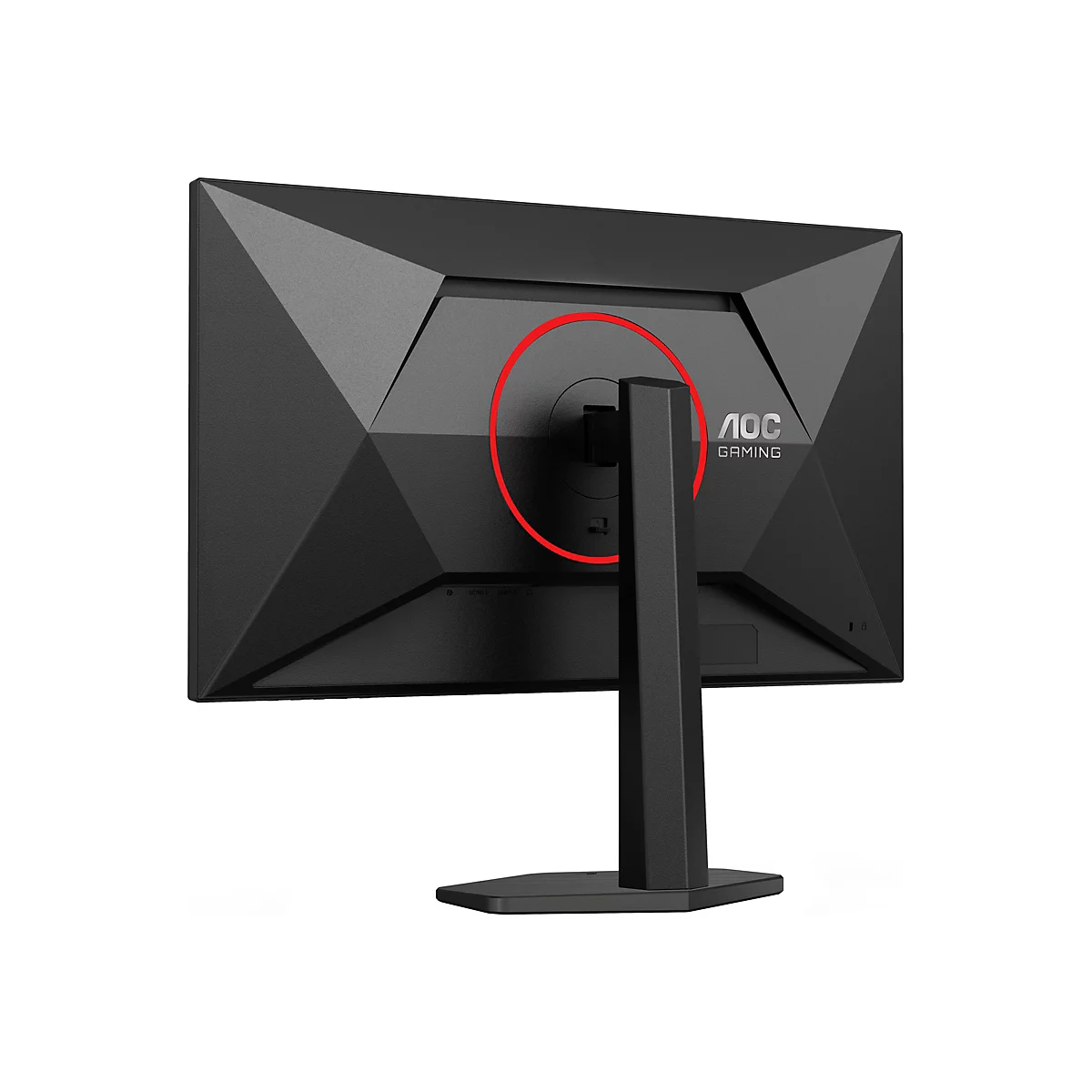 Rückseite eines schwarzen Gaming-Monitors mit rotem Kreis, AOC-Logo, HDMI-Anschlüssen und einem Ständer.