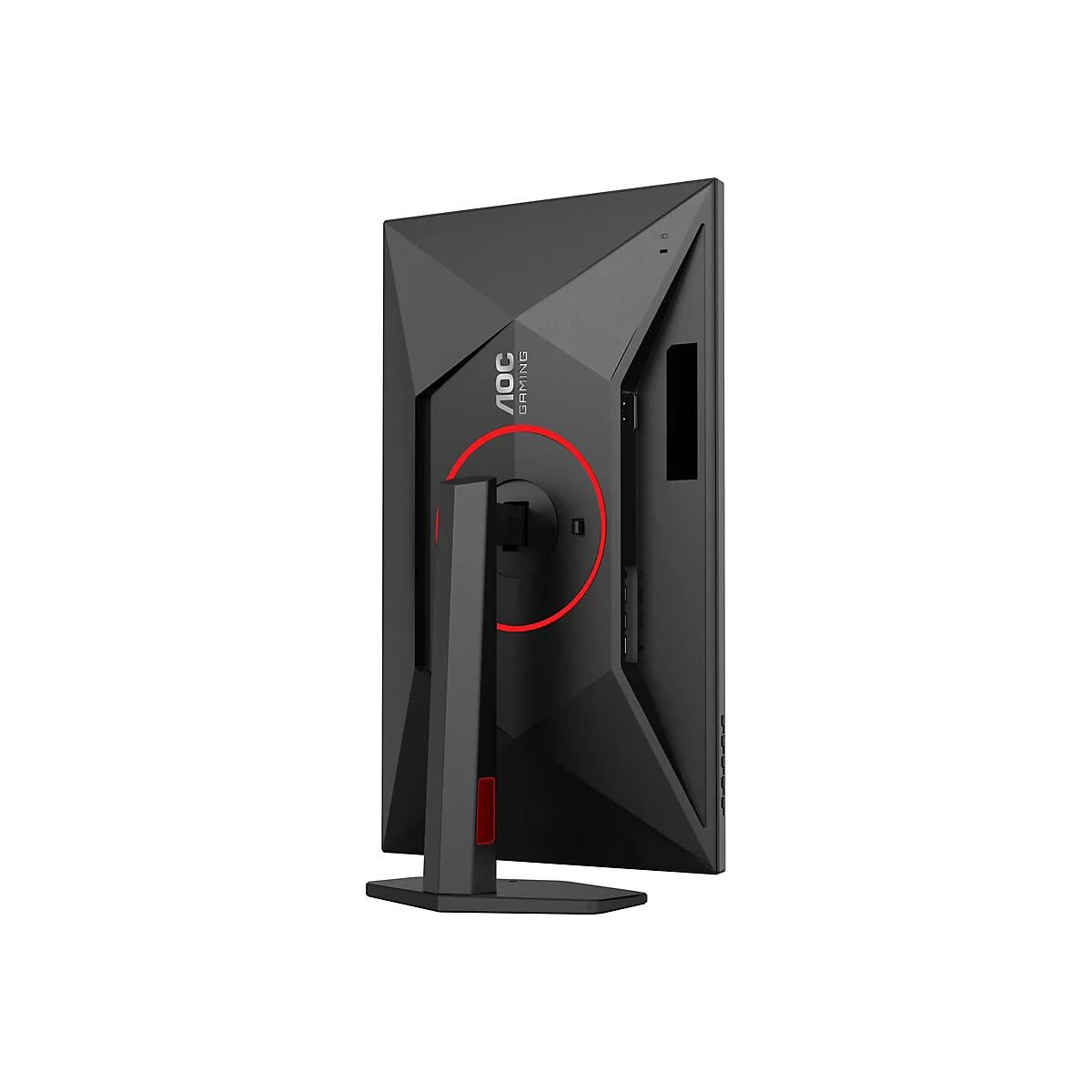 Schwarzer Gaming-Monitor im Profil. Roter Akzent am Standfuß und bei der Halterung. AOC Gaming-Logo.
