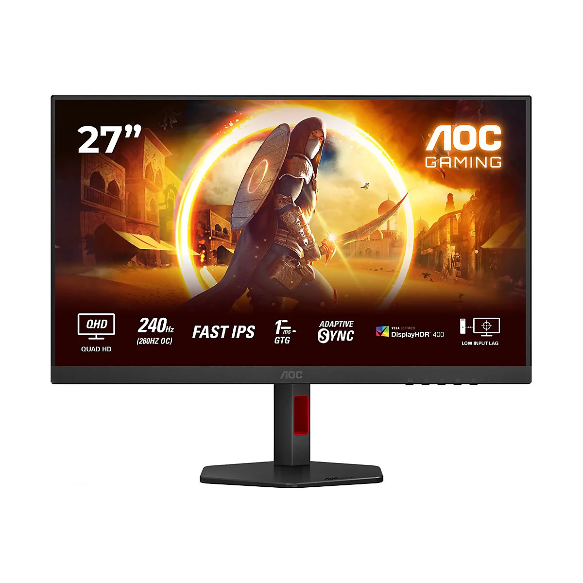 AOC Gaming Monitor mit 27-Zoll-Bildschirm, QHD, 240Hz, Fast IPS, HDR400. Auf dem Bildschirm ist eine Illustration eines Kriegers zu sehen.