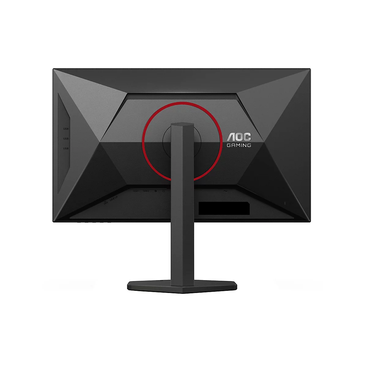 Rückansicht eines schwarzen AOC Gaming-Monitors mit rotem Kreis, Anschlüssen und Logo.