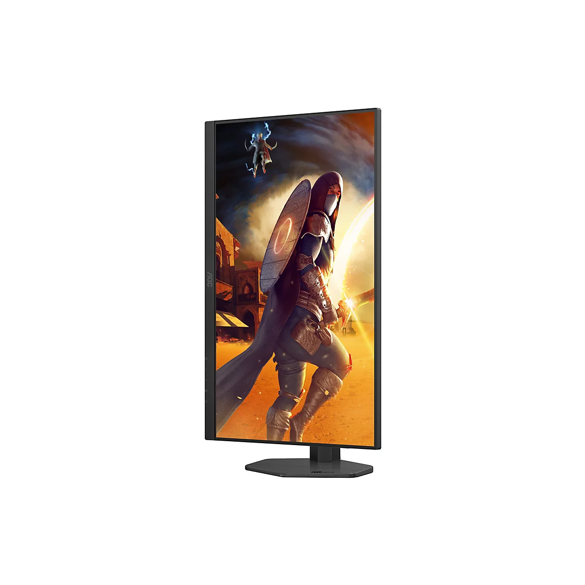 Ein Gaming Monitor mit einem Kampfszene-Bildschirm. Auf dem Bildschirm ist eine Kriegerin mit Schild und Schwert zu sehen, in einer Wüstenlandschaft.