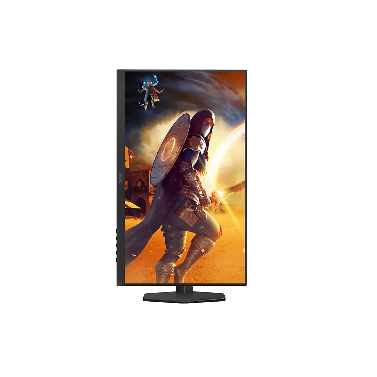 Monitor mit In-Game-Szene. Eine Ritterfigur kämpft mit einem Schwert vor einem leuchtenden Hintergrund.