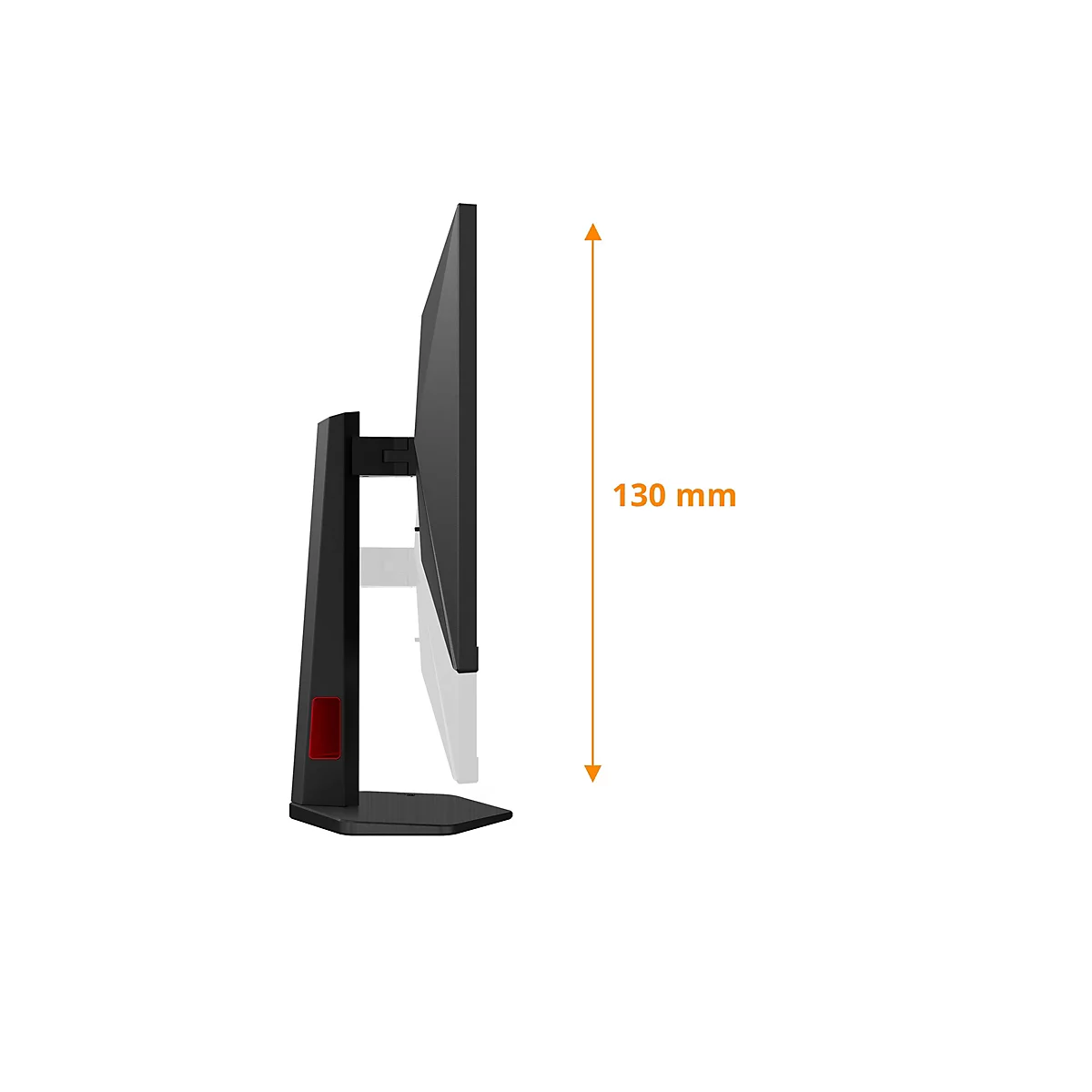 Seitenansicht eines schwarzen Monitors mit rotem Akzent. Auf dem Display steht „130 mm“ in Orange.