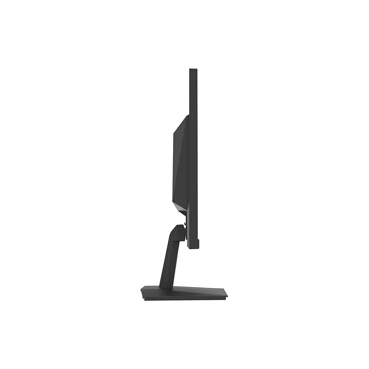 Seitliche Ansicht eines schwarzen Computermonitors mit flachem Standfuß vor weißem Hintergrund.