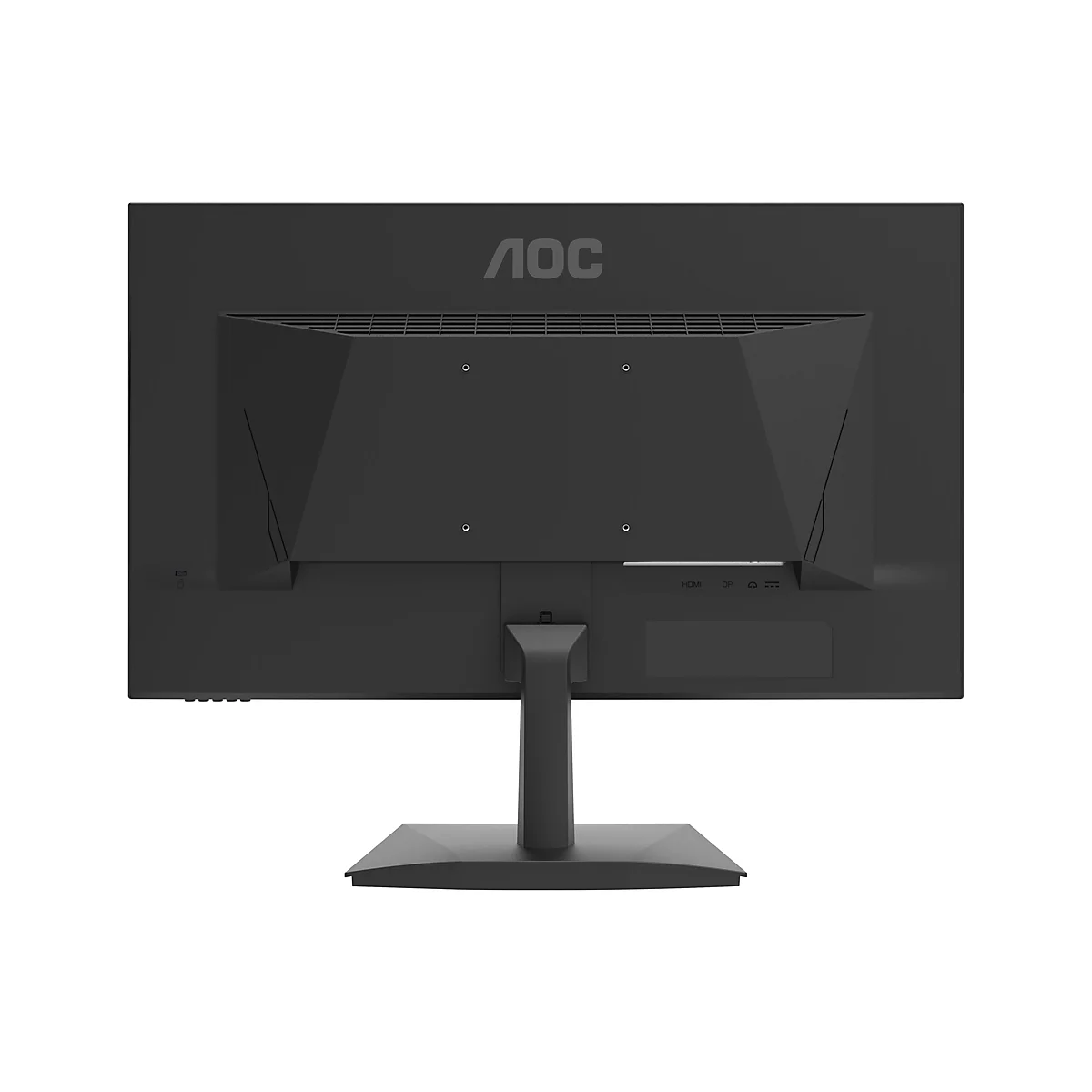 Rückseite eines schwarzen AOC Monitors mit Standfuß und sichtbaren HDMI- sowie DisplayPort-Anschlüssen.