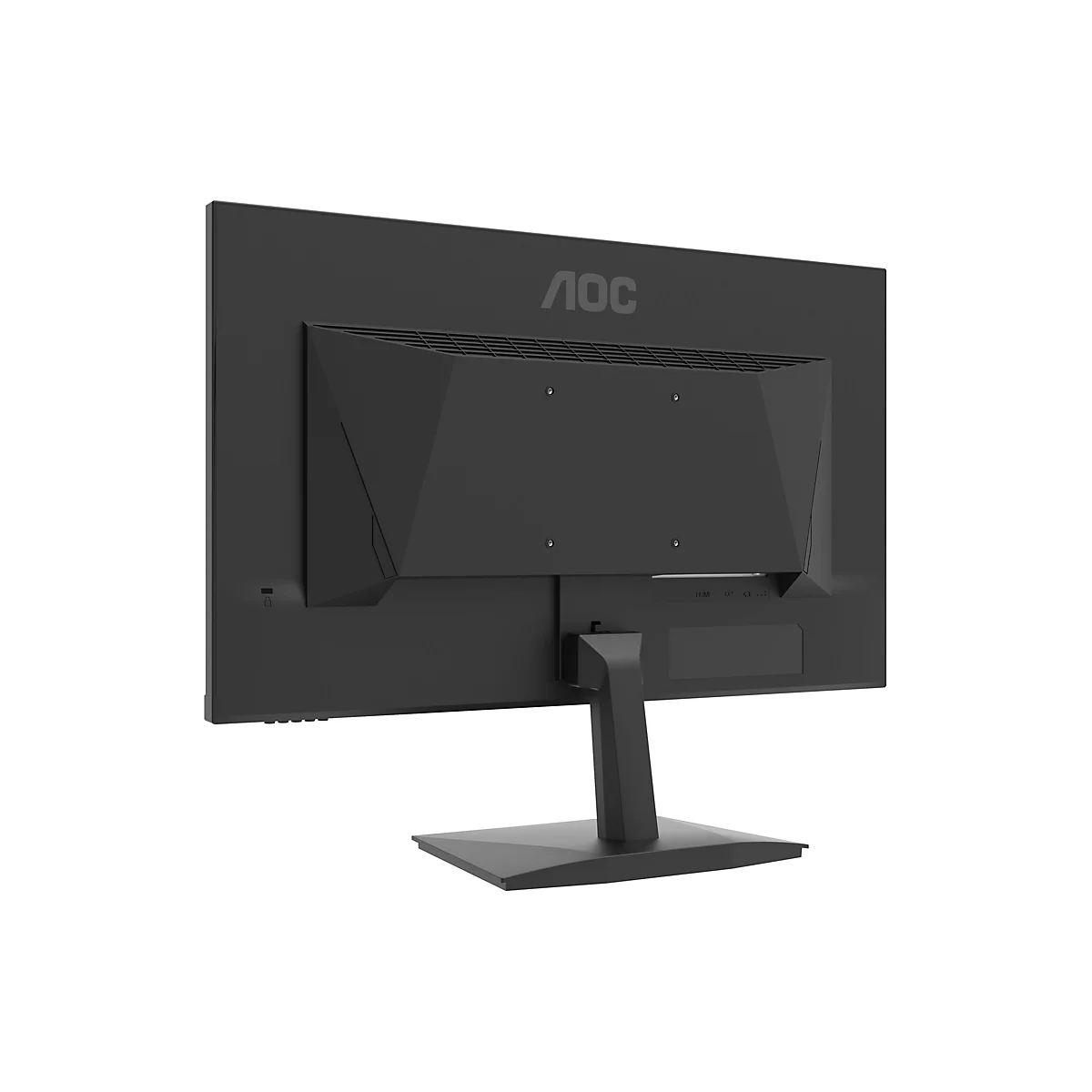 Rückansicht eines schwarzen AOC-Monitors auf einem schlichten Standfuß vor weißem Hintergrund.
