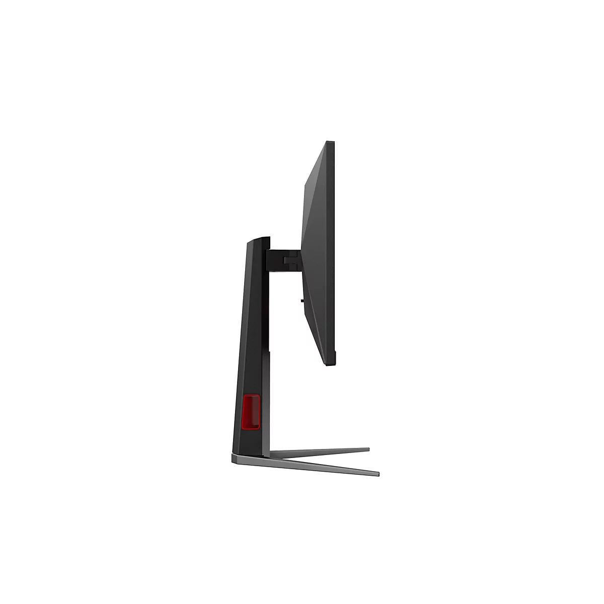 Seitliche Ansicht eines schwarzen Gaming-Monitors auf einem Standfuß mit rotem Akzent.
