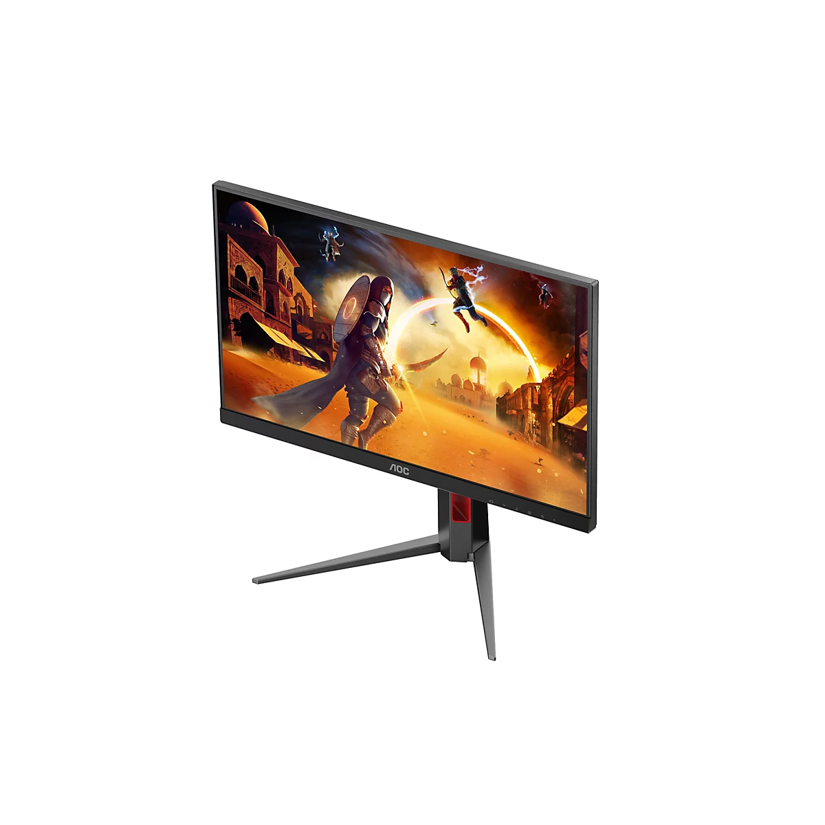 Ein Gaming Monitor von AOC, auf dem ein Fantasy-Spiel gezeigt wird. Der Monitor steht vor weißem Hintergrund.