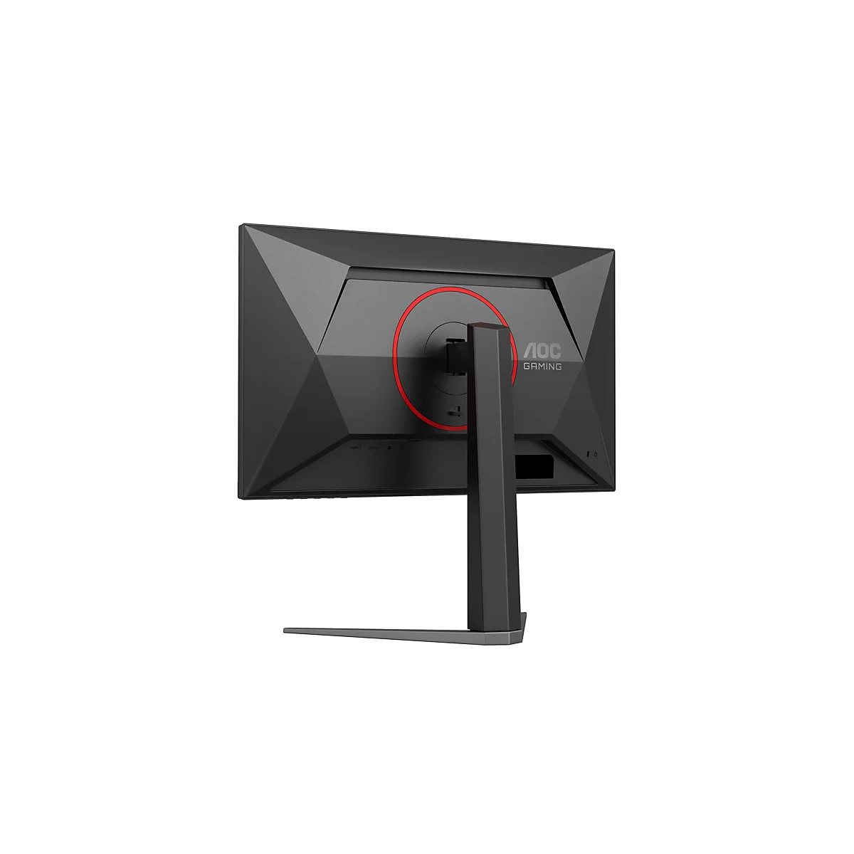 Der schwarze AOC Gaming Monitor zeigt die Rückseite mit roten Akzenten. Das Logo ist sichtbar, Anschlüsse unten.