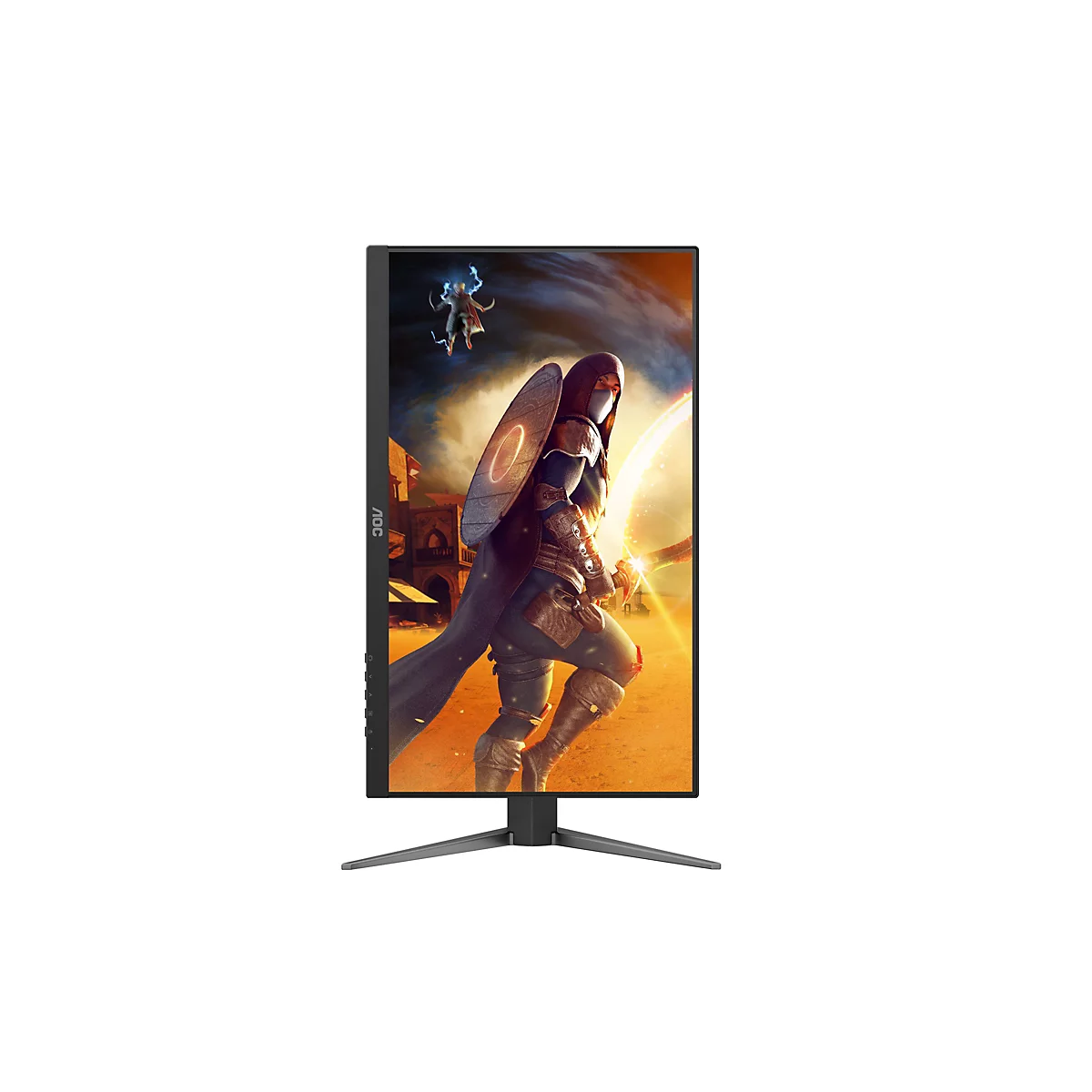 Der AOC-Monitor zeigt ein Fantasy-Spiel. Auf dem Bildschirm ein Ritter mit Schild und Schwert, im Hintergrund eine Stadt.