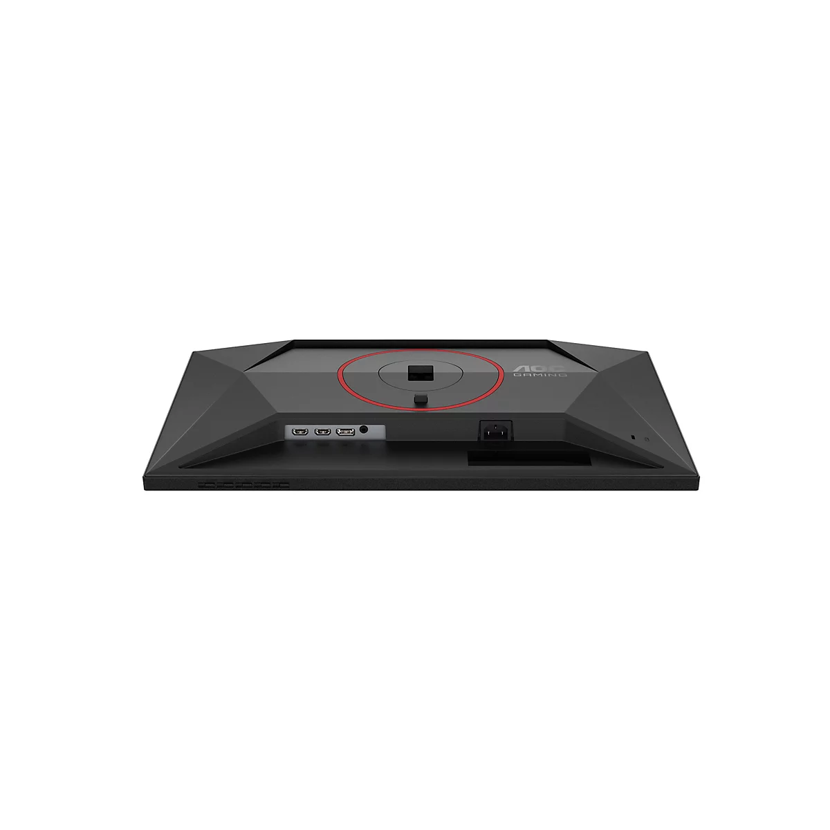 Rückansicht eines schwarzen Gaming-Monitors mit Anschlussbuchsen und ASUS-Logo.