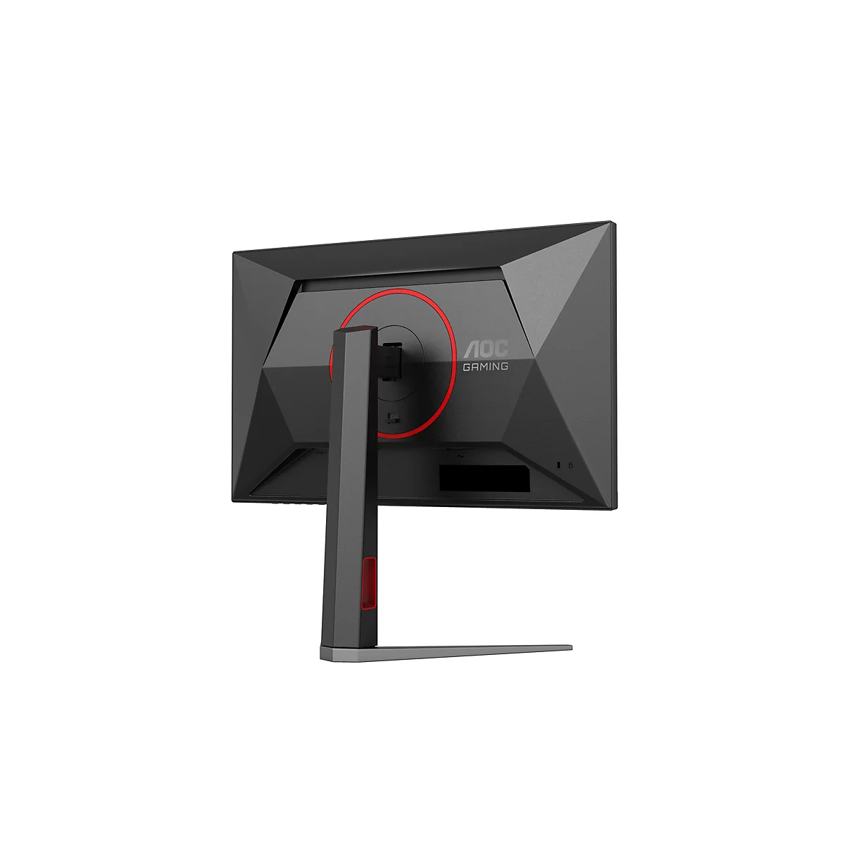 Rückansicht eines schwarzen Gaming-Monitors mit roter Umrandung und AOC Gaming Logo. Der Monitor steht auf einem schwarzen und roten Ständer.